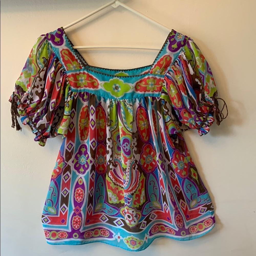 Nicole by Nicole Miller Multicolor Boho Blouse Crochet Accents